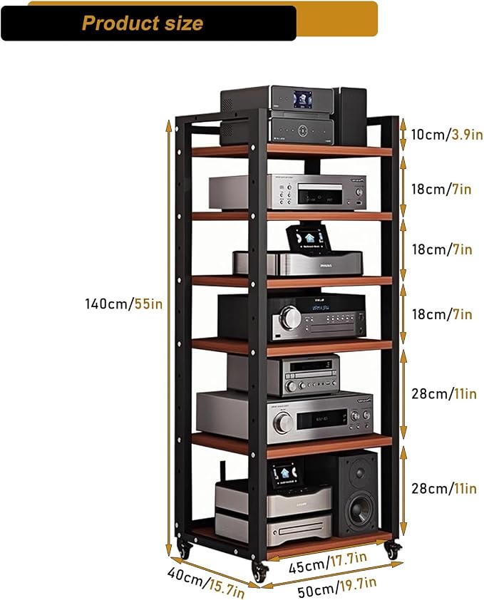 6 Tier AV Media Stand, 55in Audio Rack Tower Stereo Components Cabinet, Home Theatre CD Record Player Stereo Receiver Equipment Rack with Adjustable Wood Shelves, Load 400lbs (Teak Brown)