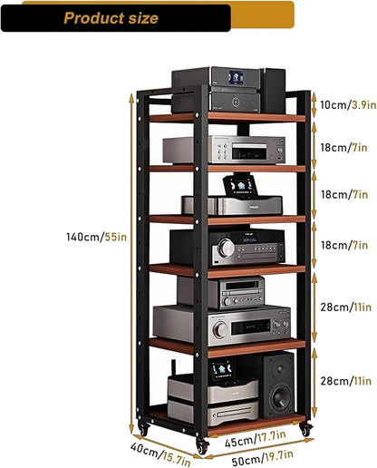 6 Tier AV Media Stand, 55in Audio Rack Tower Stereo Components Cabinet, Home Theatre CD Record Player Stereo Receiver Equipment Rack with Adjustable Wood Shelves, Load 400lbs (Teak Brown)