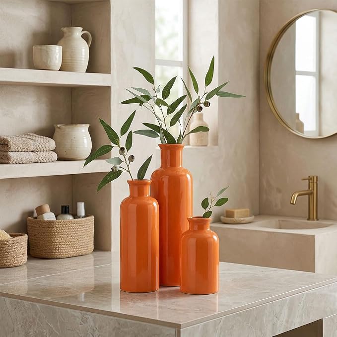 Ceramic Vase Set - 3 Orange Small Vases, Farmhouse Country Flower Vase Home Decor, Living Room Decoration, Table Decoration, Fireplace Decor, and Entrance Decorations Centerpieces