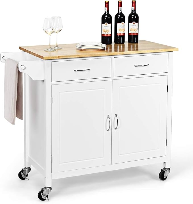 NAFORT Rolling Kitchen Island Cart on Wheels, Utility Trolley Cart Bar Serving Cart w/Rubber Wood Top, Handle Rack, Storage Cabinet and Drawers for Home Kitchen Dining Room, White
