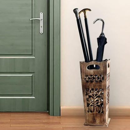 Hand-Carved Wooden Umbrella Stand & Walking Cane Holder, 21 Inch Tall Decorative Umbrella Rack, Rustic Floor Storage Organizer for Entryway, Hallway, Home & Office