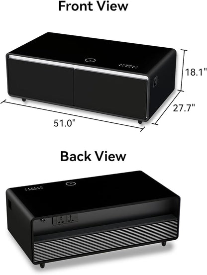 LIVTAB Smart Coffee Table, 27.8" D x 51" W x 18.1" H, Living Room Table with Built in Fridge and Speakers, Smart Table with 15W Wireless Charging, USB Chargers and 110V Outlets (Black)