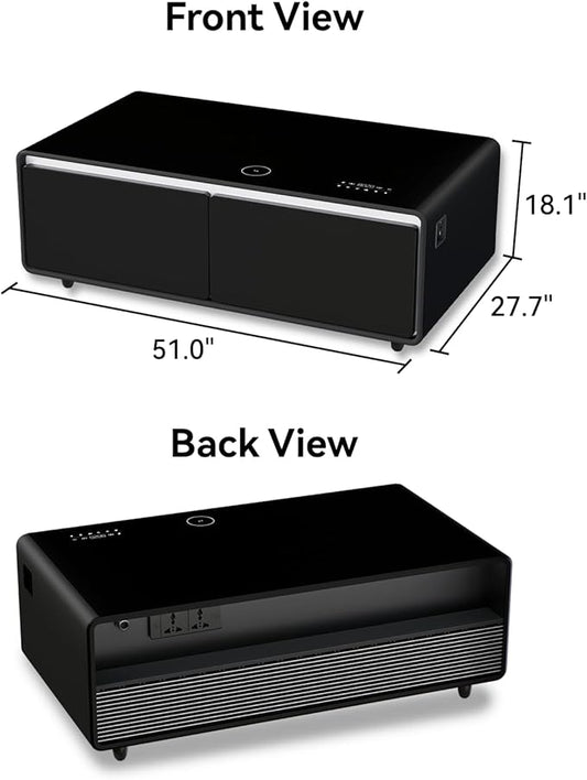 LIVTAB Smart Coffee Table, 27.8" D x 51" W x 18.1" H, Living Room Table with Built in Fridge and Speakers, Smart Table with 15W Wireless Charging, USB Chargers and 110V Outlets (Black)
