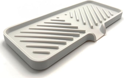 Happitasa Silicone Soap Dish Tray and Sponge Holder with Drain Chute and Feet | 3-Way Sloped Design | Bathroom and Kitchen Sink Organizer Caddy (Light Grey, 10"x4")