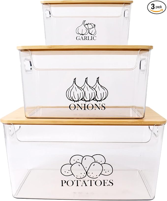 Potato and Onion Storage Bins, Transparent Acrylic Bin with Bamboo Lid, Stackable Vegetable Storage Bins for Potato, Onion, Garlic, Set of 3