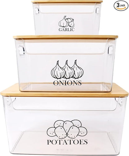 Potato and Onion Storage Bins, Transparent Acrylic Bin with Bamboo Lid, Stackable Vegetable Storage Bins for Potato, Onion, Garlic, Set of 3