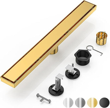 DLONE Linear Shower Drain | 32" AISI 304 Stainless Steel Linear Drain, Brushed Gold Shower Drain with Tile Insert Panel & Adjustable Feet, Long Rectangle Shower Floor Drain in Bathroom, Balcony, etc