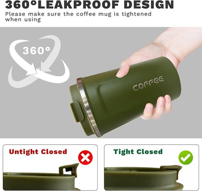 YINBAOGE Insulated Travel Coffee Mug, Spill & Leak Proof, Portable To Go Camping Stainless Steel Coffee Tumbler, Reusable Thermal Coffee Cup with Lid for Hot & Cold Drinks (2nd-Green, 12 OZ)