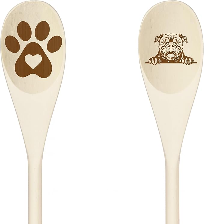 AMERICAN BULLY Wooden Spoons for Cooking, Serving or Decorative Kitchen Utensils Set Dog Lover Dog Mom/Dad Gift with Peeking Dog Designs, Paw Print and Dog Head, Kitchen Utensils Set of 2