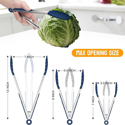HOTEC Premium Stainless Steel Locking Kitchen Tongs with Silicon Tips, Set of 3-7", 9" and 12" (Classic Blue)