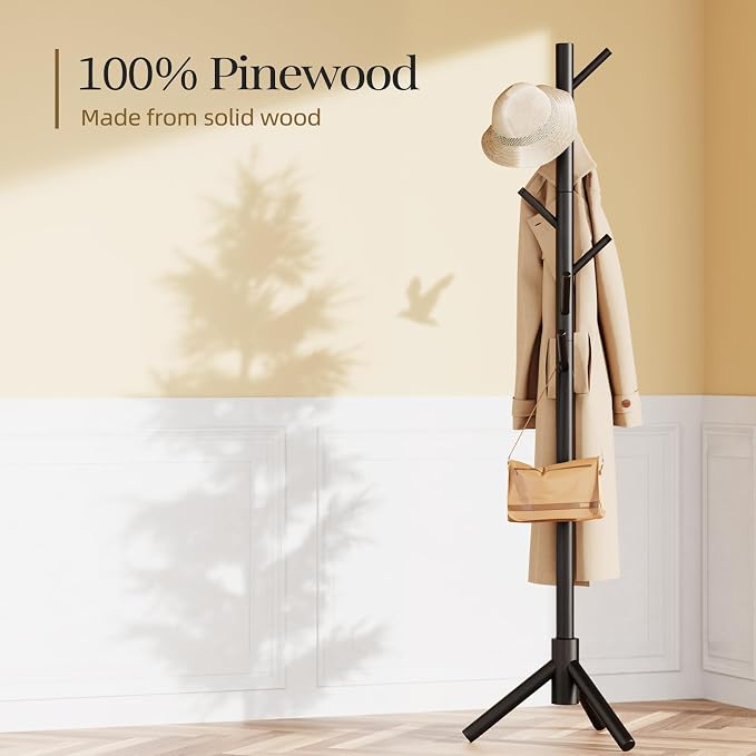 Pipishell Solid Wooden Coat Rack Freestanding, Hall Tree with 8 Hooks, 3 Height Options for Coats, Hats, Handbags, and Scarves, Tool-Free Assembly, Space Saving Design for Entryway, Office, Bedroom