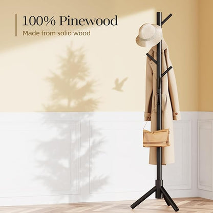 Pipishell Solid Wooden Coat Rack Freestanding, Hall Tree with 8 Hooks, 3 Height Options for Coats, Hats, Handbags, and Scarves, Tool-Free Assembly, Space Saving Design for Entryway, Office, Bedroom