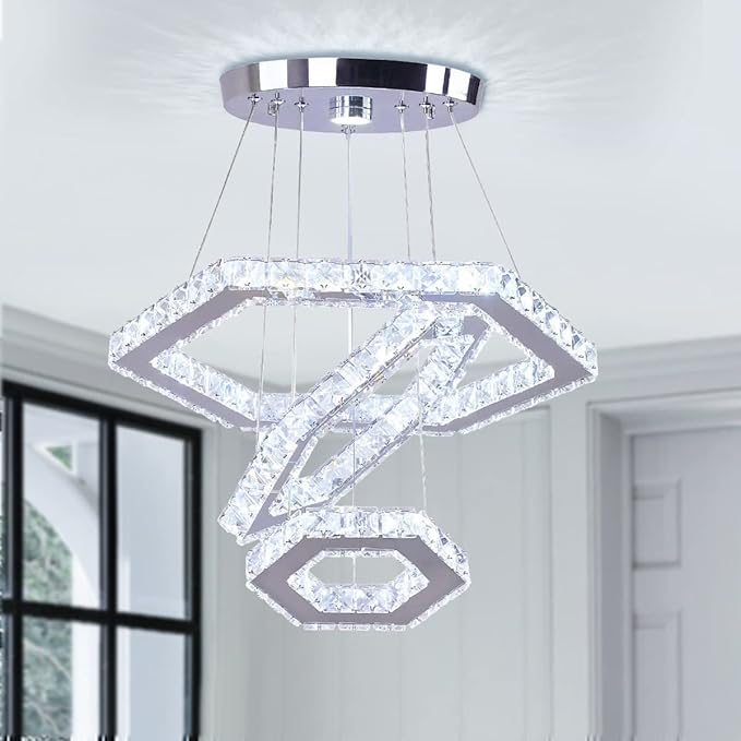 Modern Crystal Chandeliers Big 3 Rings LED Ceiling Light Adjustable Stainless Steel Pendant Light for Bedroom Living Room Dining Room (6500K Cool White)(25cm+35cm+45cm)