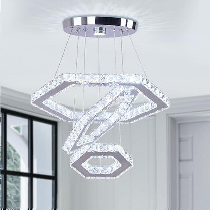 Modern Crystal Chandeliers Big 3 Rings LED Ceiling Light Adjustable Stainless Steel Pendant Light for Bedroom Living Room Dining Room (6500K Cool White)(25cm+35cm+45cm)