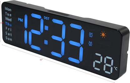 OceeK Large Digital Wall Clock, Digital Clock Large Display with Remote Control,Modern Electric Wall Clock 11",Black Frame Blue Big Digits