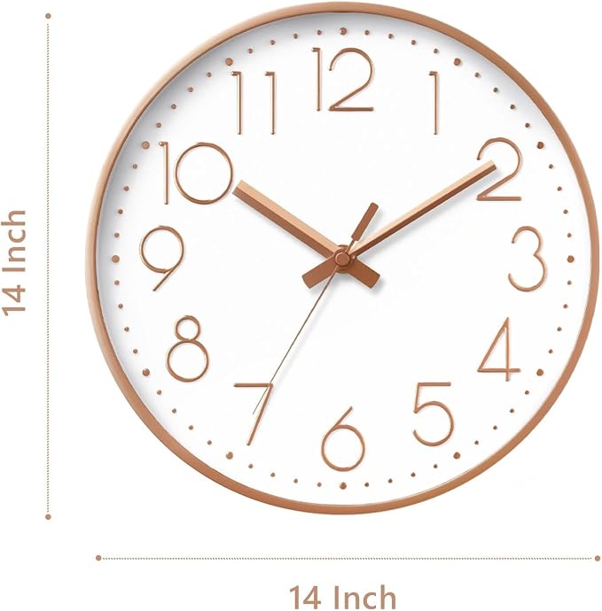 DAXSMY Wall Clock - 14 Inch Silent Non-Ticking Modern 3D Wall Clocks Battery Operated - Decorative Clock for Kitchen, Home Office, Bathroom, Bedroom, Living Room(Rose Gold)