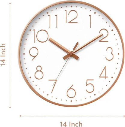 DAXSMY Wall Clock - 14 Inch Silent Non-Ticking Modern 3D Wall Clocks Battery Operated - Decorative Clock for Kitchen, Home Office, Bathroom, Bedroom, Living Room(Rose Gold)