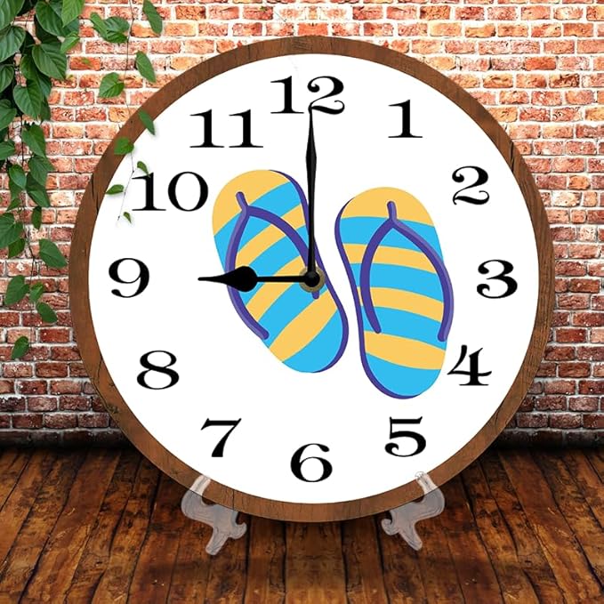 Summer Flip Flops Wall Clock 10 Inch Wooden Battery Operated Autumn Forest Maple Leaves Wall Clocks Decorative Indoor,Decorative for Kitchen Bathroom Bedroom