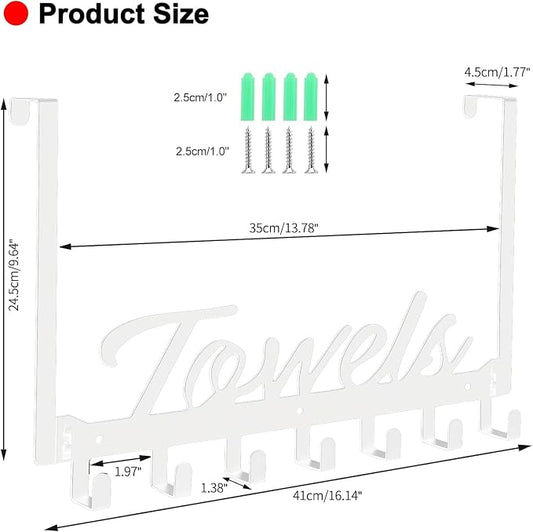 Azmoncy Over The Door Hooks, Heavy Duty Towel Rack with 7 Coat Hooks for Bedroom Bathroom Pool Kitchen Towels and Bags (White)