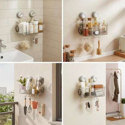 No-Drill Bathroom Suction Storage Box, Suction Cup Shelf, Portable Wall Mounted Bathroom Organizer for Shower, Durable Removable Storage Basket for Home (White)