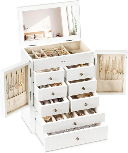 Emfogo Jewelry Box for Women Wooden Jewelry Boxes & Organizers 5-Layer Rustic Large Jewelry Organizer Box with Mirror & 8 Drawers for Rings Earrings Necklaces Bracelets Women Girls Gifts