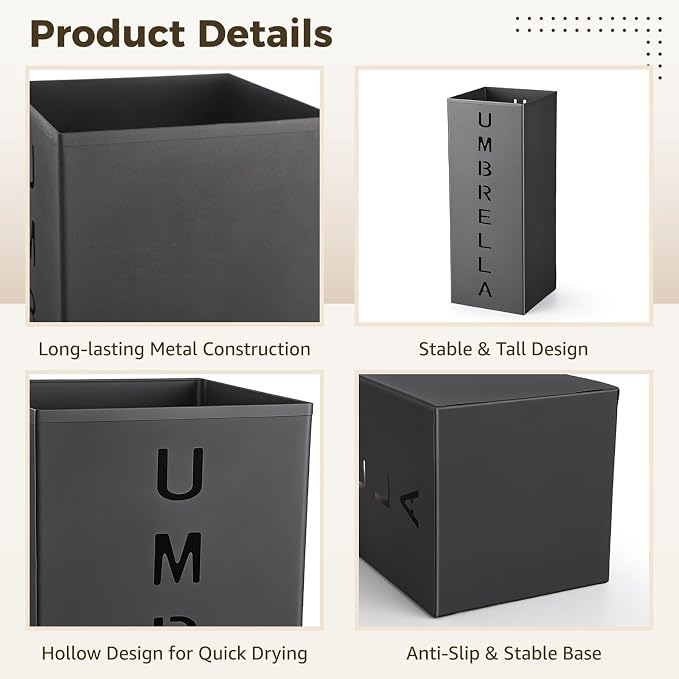 Square Metal Umbrella Holder Stand, Free Standing Umbrella Rack with Hollow Letter Pattern, Coated Steel Walking Stick Storage Bin for Indoor Entryway, Home, Office and Hotel