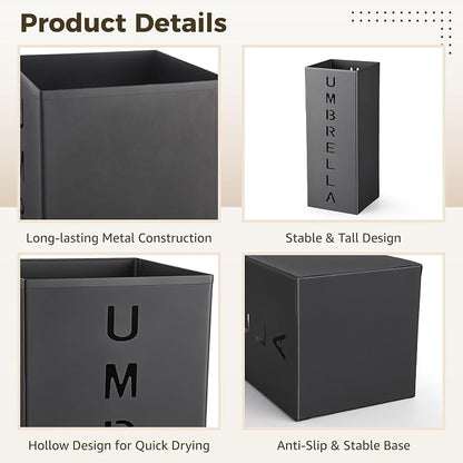 Square Metal Umbrella Holder Stand, Free Standing Umbrella Rack with Hollow Letter Pattern, Coated Steel Walking Stick Storage Bin for Indoor Entryway, Home, Office and Hotel