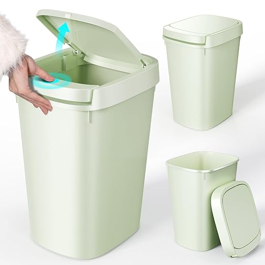 CEROELDA 3 Pack Bathroom Trash Can with Lid, 10L/2.6 Gal Small Garbage Can with Press Top Lid, Slim Plastic Waste Basket for Toilet, Office, Bedroom (Green)