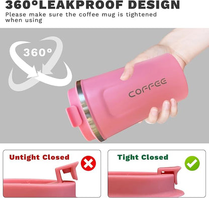 YINBAOGE Insulated Travel Coffee Mug, Spill & Leak Proof, Portable To Go Camping Stainless Steel Coffee Tumbler, Reusable Thermal Coffee Cup with Lid for Hot & Cold Drinks (2nd-Pink, 17 OZ)