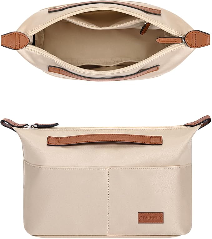 GIVLEFLY Purse Organizer with Zipper Tote Bag Organizer Inserts,Multiple Pockets Cup& Umbrella Lightweight Large Handbag Dividers with Handle,Fit for Longchamp Neverful(Beige,Extra Large)