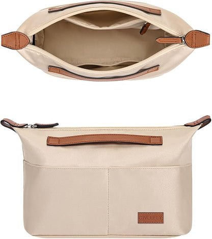 GIVLEFLY Purse Organizer with Zipper Protecting Privacy Small Multiple Pockets Tote Bag Organizer Inserts Lightweight Handbag Dividers with Handle,Fit for City 23 and Longchamp(Beige,Small)