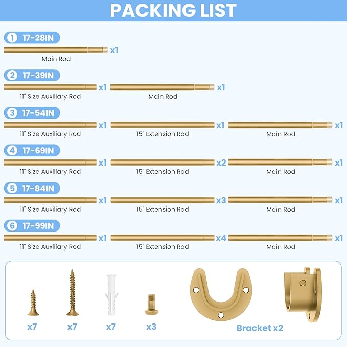 Closet Rods for Hanging Clothes, 17 to 28 Inch Heavy Duty Stepless Adjustable Closet Hanging Rod, 1.3 Inch Diameter Metal Closet Rod for Wardrobes Laundry Bedroom RV, Gold