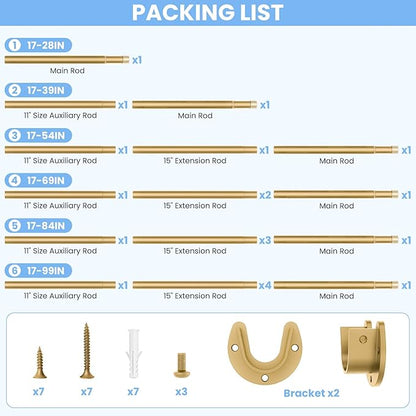 Closet Rods for Hanging Clothes, 17 to 28 Inch Heavy Duty Stepless Adjustable Closet Hanging Rod, 1.3 Inch Diameter Metal Closet Rod for Wardrobes Laundry Bedroom RV, Gold