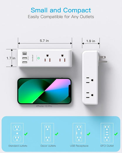 Surge Protector Outlet Extender with Rotating Plug, PD 20W, One Beat 6 AC Multi Plug Outlet with 3 USB Ports (1 USB C), 1800 Joules, 3-Sided Swivel Power Strip with Spaced Outlet Splitter for Office