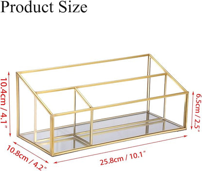 Hipiwe Makeup Organizer Countertop Cosmetic Display Case Gold Glass Vanity Storage Holder 3 Slots Dresser Bathroom Counter Organizer for Makeup Brush Lipsticks Perfume Skincare Products