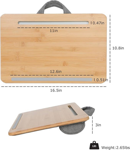 Lap Desk for Laptop with Cushion, Bamboo Laptop Stand with Anti-Slip Strip Tablet Phone Holder, Fits up to 14 inch Portable Computer Lap Desk for Couch, Bed & Car