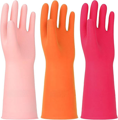 3 Pairs Rubber Cleaning Gloves Latex Free Dishwashing Gloves - 13" Reusable Nitrile Gloves Small, Orange+Pink+Red