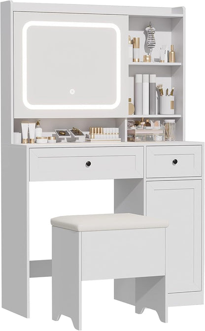 Vanity Table with Hidden Storage & LED Mirror - Includes Padded Stool, 5 Compartments, 2 Drawers & 1 Storage Cabinet - Ideal Bedroom Makeup Dressing Table White