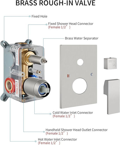 Shower Faucet Set Rainfall Shower System with Square Showerhead and Handle Set Fixture with 2 in 1 Function Handheld Sprayer Wall Mounted Trim Repair Kit Rough-in Valve 8 Inch Brushed Nickel