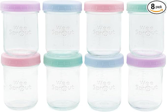 WeeSprout Baby Food Storage Glass Jars w/Lids (8 oz, 8 Pack) Pastel Variety, Snack, Reusable Small Containers, Fridge or Freezer, Microwave & Dishwasher Safe, Essentials for Infants