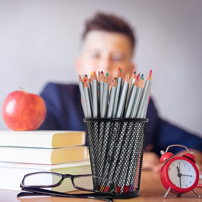 SLSON 4 Pack Pen Holder Metal Mesh Pencil Holders Round Shaped Pen Holders for Desk Office Wire Mesh Container Pen Organizer,Black