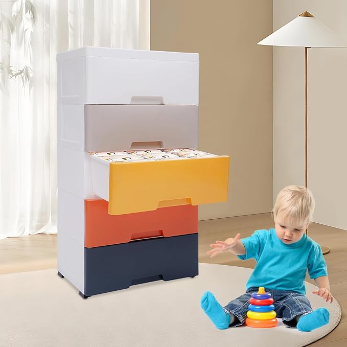 Plastic Dresser for Bedroom with 5 Drawers,Stackable Vertical Storage Tower, Small Dresser Chest of Drawers, Mobile Drawer Storage Cabinet with Wheels for Hallway Entryway,Bedroom Furniture (Coloured)