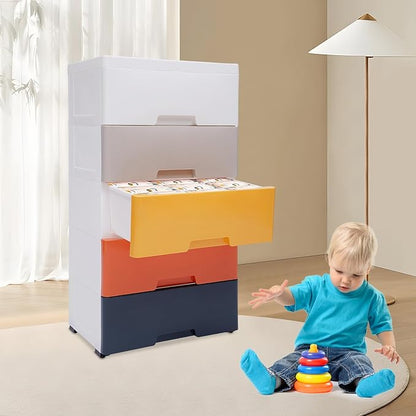 Plastic Dresser for Bedroom with 5 Drawers,Stackable Vertical Storage Tower, Small Dresser Chest of Drawers, Mobile Drawer Storage Cabinet with Wheels for Hallway Entryway,Bedroom Furniture (Coloured)