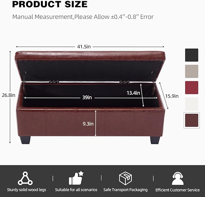 41" Storage Ottoman Bench, Faux Leather Storage Foot Rest with Safety Hinge, Load up to 660 lb Upholstered Tufted Entryway Bench with Seating for Living Room, Bedroom, Brown