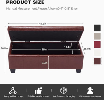 41" Storage Ottoman Bench, Faux Leather Storage Foot Rest with Safety Hinge, Load up to 660 lb Upholstered Tufted Entryway Bench with Seating for Living Room, Bedroom, Brown