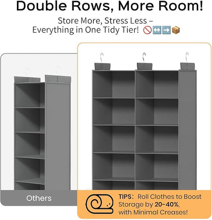 Grey 5-Tier Hanging Closet Storage Organizer - Space-Saving Dual-Row Foldable Shelves with 3 Hooks, Wardrobe Organizer for Dorm, Bedroom, Clothes and Accessories