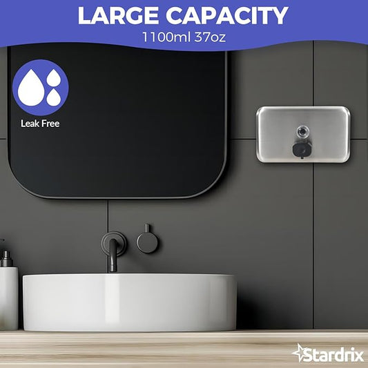 Stardrix Heavy Duty Stainless Steel Wall Mount Soap Dispenser, 1100ml/37oz, with Corrosion Proof Lining and Anti-Leak Pump for Commercial & Home Bathroom Kitchen (Horizontal)