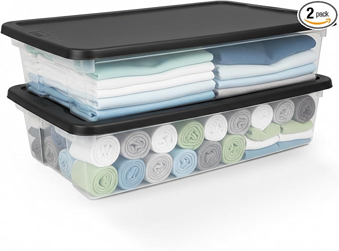 HOMZ 2-Pack Snaplock, Large Clear Plastic Storage Organizer Bins w/Lids, 41 Quart, Gray - Stackable Container Boxes for Bedroom, Bathroom, Garage, and Office Organization