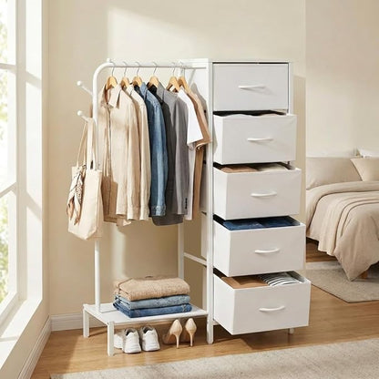 Snughome Dresser with Hanging Rack, Clothes Hanging Rack with 5 Drawers, White Dresser with Clothes Rack, Fabric Storage Chest of Drawers, Small Dresser for Bedroom, Apartments, Entryway Living Room