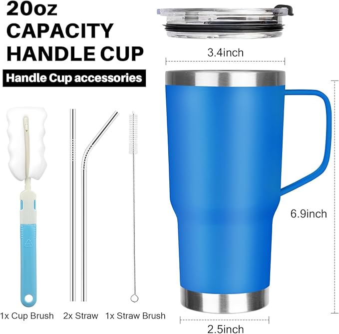 20 oz Tumbler with Handle, Stainless Steel Insulated Tumbler with Lid and Straw, Double Wall Vacuum Coffee Mug Tumbler, Insulated Coffee Thermal Cup for Cold and Hot (Sea Blue)